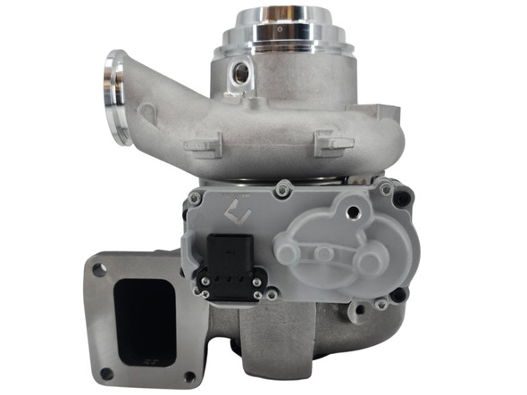 Compressor-side view of the HE400VG Efficiency Series turbocharger featuring the 62MM compressor configuration and mounted 12V VGT actuator.