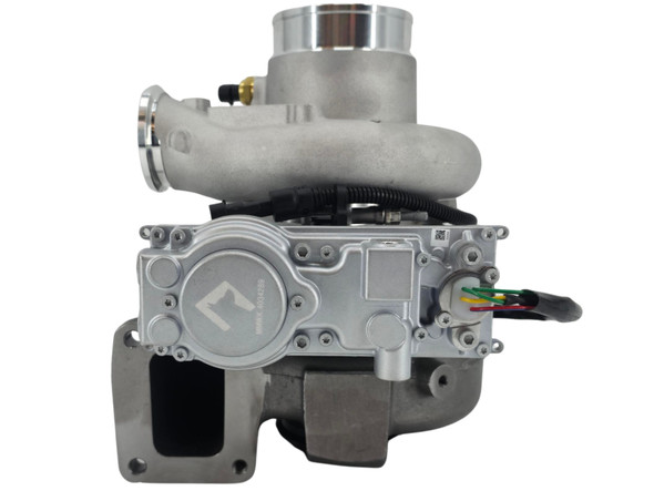 Compressor-side view of the Momentum Worx ISX turbo upgrade featuring the 71MM billet compressor wheel and mounted 12V VGT actuator.