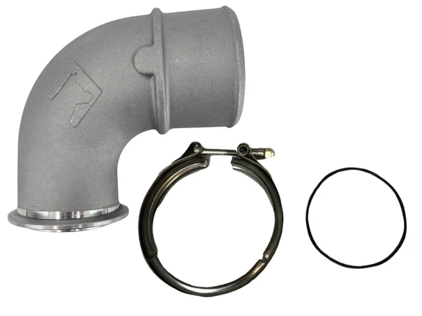 BorgWarner S400-series compressor outlet adapter with V-band connection for 4-inch charge air cooler (CAC) hoses. Direct bolt-on design commonly used for Cummins ISX to BorgWarner turbocharger conversions.