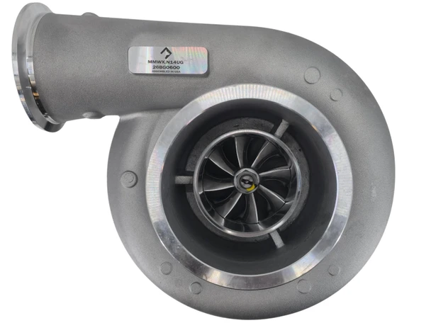 Momentum Worx Cummins N14 Turbo Upgrade showing the compressor cover and inlet.