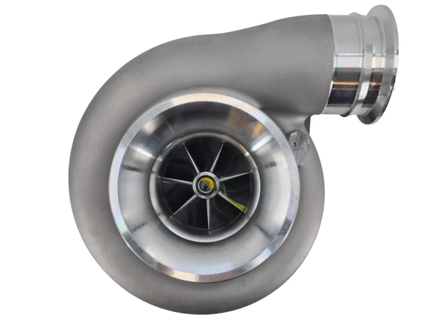 Front top view of the Momentum Worx billet 80MM S410SX turbocharger showing the race-style compressor cover and large compressor inlet.