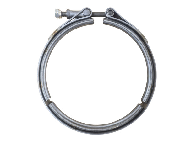 A Garrett GT55 turbocharger V-band clamp used to secure the turbine housing to the center housing rotating assembly (CHRA). Constructed from durable steel with a heavy-duty locking mechanism, this replacement clamp is designed for reliable retention and sealing in high-temperature, high-performance turbocharger applications. Suitable for Garrett GT55 series turbochargers used in racing, diesel, industrial, and marine applications.