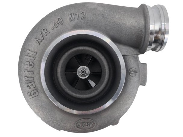 New Genuine Garrett T04E45 turbocharger 465355-5001S for John Deere 6076 7.6L diesel engines, front angle view showing compressor housing and turbine housing.