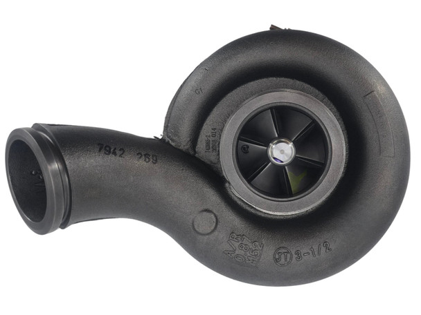 New Genuine Garrett GTA4702 low pressure turbocharger 743279-5004S for CAT C13 ACERT KCB 12.5L diesel engines, front angle view showing the compressor housing, center section, and turbine housing.