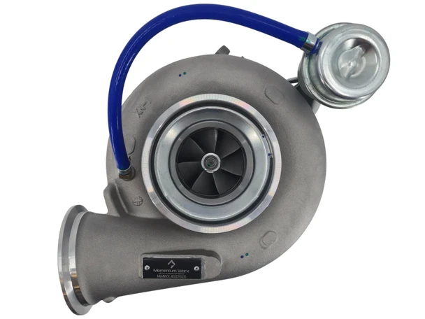 Top view of Momentum Worx HX55W turbocharger for Cummins M11, QSM11, and ISM engines, looking down at the compressor cover.
