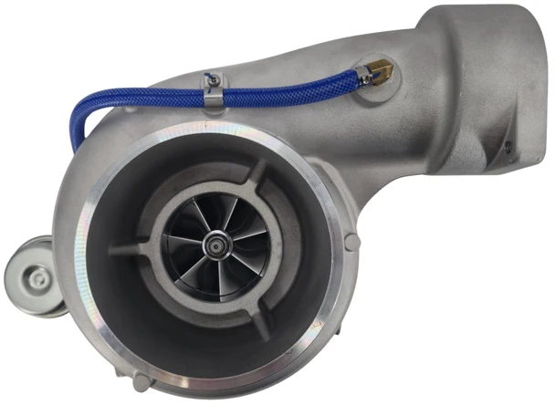 Top view of aftermarket S410SX turbocharger for CAT 3406E and C15 engines, looking down at the compressor cover.