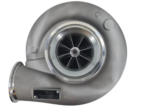 Top view of Momentum Worx HX60 80/113 turbocharger for Cummins QSM11-M 635HP marine engines, looking down at the compressor cover.