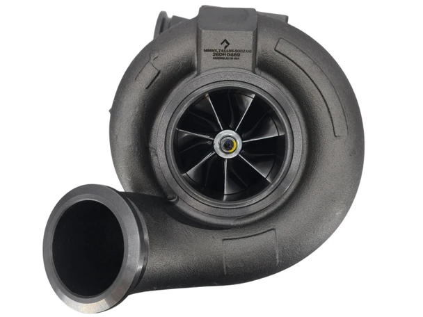 Top view of Momentum Worx GTA5518B CAT C15 ACERT low pressure turbo upgrade showing the 94MM billet compressor wheel and compressor inlet.
