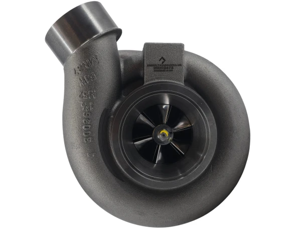 Top view of Momentum Worx GTA4294BS CAT C15 ACERT high pressure turbo upgrade showing the 75MM billet compressor wheel and compressor inlet.