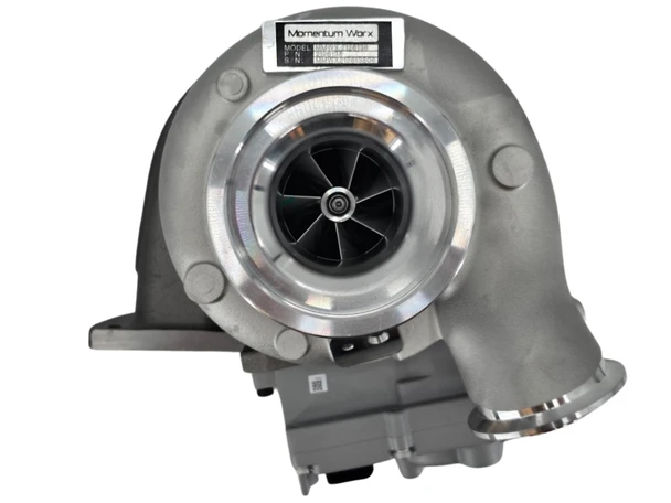 Momentum Worx HE400VG turbocharger for Paccar MX-13 EPA17 engines complete with mounted and calibrated 12V electronic VGT actuator.