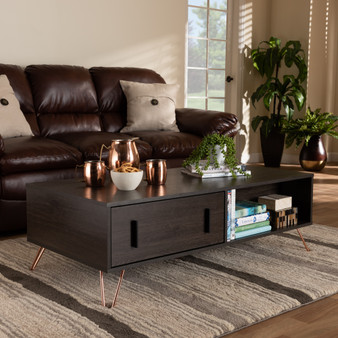 "JY17B4012-Brown/Black-ET" Baldor Modern And Contemporary Dark Brown Finished Wood And Rose Gold-Tone Finished Metal 2-Drawer Coffee Table
