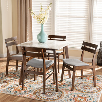 "Reba-Latte/Walnut-5PC Dining Set" Richmond Mid-Century Modern Light Grey Fabric Upholstered And Walnut Brown Finished Wood 5-Piece Dining Set With Faux Marble Dining Table
