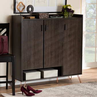 "CT8006-Walnut-CT" Baldor Modern And Contemporary Dark Brown Finished Wood 3-Door Shoe Cabinet