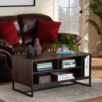 "CT8007-Oak-CT" Flannery Modern And Contemporary Walnut Brown Finished Wood And Black Finished Metal Coffee Table