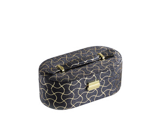"YMB-1804" 3.5" In Black Leather W/ Gold Swirl Piping Jewelry Case W/ Mirror Travel Case By Ore International