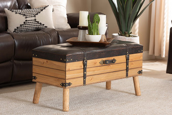 Amena Rustic Transitional Dark Brown Pu Leather Upholstered And Oak Finished Wood Large Storage Ottoman 1 By Baxton Studio