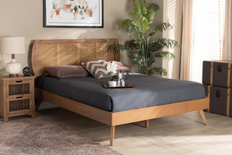 Asami Mid-Century Modern Walnut Brown Finished Wood And Synthetic Rattan Queen Size Platform Bed 1 By Baxton Studio