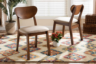 Damara Mid-Century Modern Sand Fabric Upholstered And Walnut Brown Finished Wood 2-Piece Dining Chair Set 2 By Baxton Studio