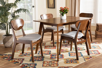 Katya Mid-Century Modern Grey Fabric Upholstered And Walnut Brown Finished Wood 5-Piece Dining Set 1 By Baxton Studio
