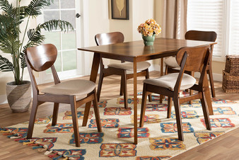 Katya Mid-Century Modern Sand Fabric Upholstered And Walnut Brown Finished Wood 5-Piece Dining Set 1 By Baxton Studio