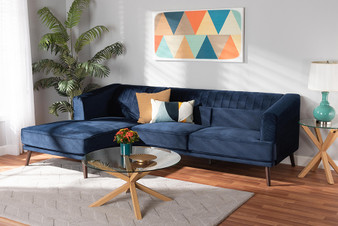 Morton Mid-Century Modern Contemporary Navy Blue Velvet Fabric Upholstered And Dark Brown Finished Wood Sectional Sofa With Left Facing Chaise 1 By Baxton Studio