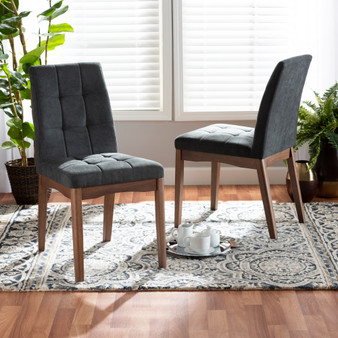 "RDC714-Dark Grey/Walnut-DC" Tara Mid-Century Modern Transitional Dark Grey Fabric Upholstered And Walnut Brown Finished Wood 2-Piece Dining Chair Set