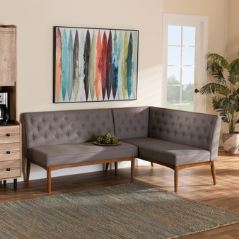 "BBT8051.13-Grey/Walnut-2PC SF Bench" Riordan Mid-Century Modern Grey Fabric Upholstered And Walnut Brown Finished Wood 2-Piece Dining Nook Banquette Set