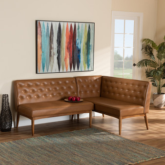"BBT8051.13-Tan/Walnut-2PC SF Bench" Riordan Mid-Century Modern Tan Faux Leather Upholstered And Walnut Brown Finished Wood 2-Piece Dining Nook Banquette Set
