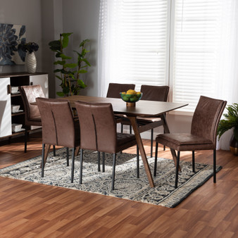 "RDC720M-Brown/Black-7PC Dining Set" Gerard Modern And Contemporary Distressed Brown Fabric Upholstered And Black Finished Metal With Walnut Brown Finished Wood 7-Piece Dining Set