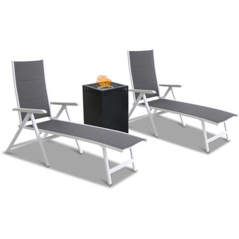 Everson 3 Piece Chaise Set: 2 Folding Chaise Lounges And Glass Top Fire Pit "EVERCHS3PCGFP-WG"