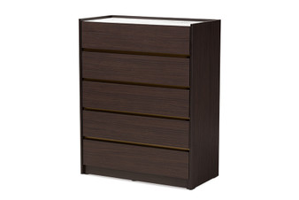 "LV25COD25230-Modi Wenge/Marble-5DW-Chest" Baxton Studio Walker Modern And Contemporary Dark Brown And Gold Finished Wood 5-Drawer Chest With Faux Marble Top