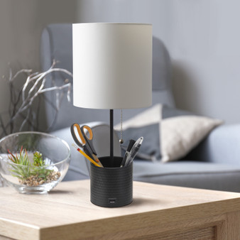 Simple Designs Hammered Metal Organizer Table Lamp With Usb Charging Port And Fabric Shade, Black "LT1085-BLK"