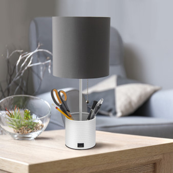 Simple Designs White Hammered Metal Organizer Table Lamp With Usb Charging Port And Fabric Shade, Gray "LT1085-GOW"