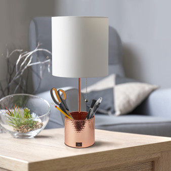 Simple Designs Hammered Metal Organizer Table Lamp With Usb Charging Port And Fabric Shade, Rose Gold "LT1085-RGD"