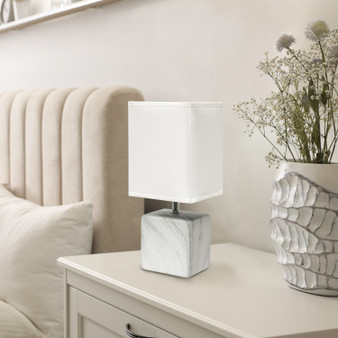 Simple Designs Petite Marbled Ceramic Table Lamp With Fabric Shade, White With White Shade "LT2071-WOW"