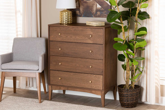 "MG9002-Ash Walnut-4DW-Chest" Baxton Studio Landis Mid-Century Modern Ash Walnut Finished Wood 4-Drawer Chest