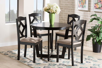 "Morigan-Sand/Dark Brown-5PC Dining Set" Baxton Studio Morigan Sand Fabric Upholstered And Dark Brown Finished Wood 5-Piece Dining Set