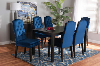 "BBT5158-Navy Blue/Dark Brown-7PC Dining Set" Baxton Studio Dylin Modern and Contemporary Navy Blue Velvet Fabric Upholstered and Dark Brown Finished Wood 7-Piece Dining Set