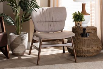 "WM5031-Latte/Walnut-CC" Baxton Studio Benito Mid-Century Modern Transitional Beige Fabric Upholstered and Walnut Brown Finished Wood Accent Chair