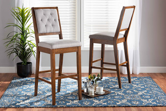 "RH2083BP-Grey/Walnut-BS" Baxton Studio Gideon Modern and Contemporary Grey Fabric Upholstered and Walnut Brown Finished Wood 2-Piece Bar Stool Set