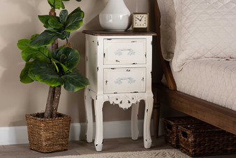 "JY20B091-Antique White-NS" Baxton Studio Levron Classic and Traditional Two-Tone Walnut Brown and Antique White Finished Wood 2-Drawer Nightstand
