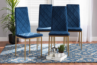 "112157-4-Navy Blue Velvet/Gold-DC" Baxton Studio Blaise Modern Luxe and Glam Navy Blue Velvet Fabric Upholstered and Gold Finished Metal 4-Piece Dining Chair Set