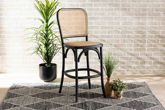 "B23-Black-Beechwood/Rattan-CS" Baxton Studio Vance Mid-Century Modern Brown Woven Rattan and Black Wood Cane Counter Stool