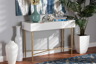 "JY20B124-White/Gold-Console" Baxton Studio Galia Modern and Contemporary White Finished Wood and Gold Metal 1-Drawer Console Table