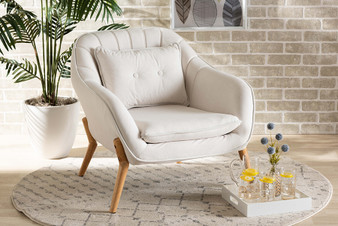 "924-Velvet Beige-Chair" Baxton Studio Valentina Mid-Century Modern Transitional Beige Velvet Fabric Upholstered and Natural Wood Finished Armchair
