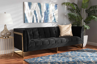 "TSF-5507-Black/Gold-SF" Baxton Studio Ambra Glam and Luxe Black Velvet Upholstered and Button Tufted Sofa with Gold-Tone Frame