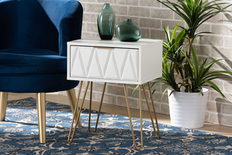 "BRA-003-White/Gold-ET" Baxton Studio Holbrook Contemporary Glam and Luxe White Finished Wood and Gold Metal 1-Drawer End Table