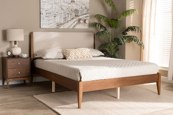 "MG0077S-Beige/Walnut-King" Baxton Studio Lenora Mid-Century Modern Beige Fabric Upholstered and Walnut Brown Finished Wood King Size Platform Bed
