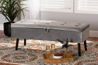 "FZD020108-Grey Velvet-Bench" Baxton Studio Caine Modern and Contemporary Grey Velvet Fabric Upholstered and Dark Brown Finished Wood Storage Bench