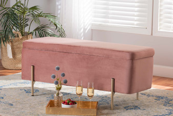 "FZD0223-Blush Pink Velvet-Bench" Baxton Studio Rockwell Contemporary Glam and Luxe Blush Pink Velvet Fabric Upholstered and Gold Finished Metal Storage Bench